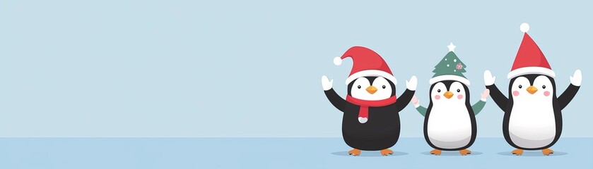 Three cheerful penguins celebrate christmas with festive hats and joyful greetings