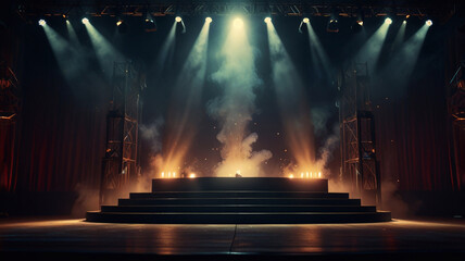 Illuminated stage with scenic lights and smoke 