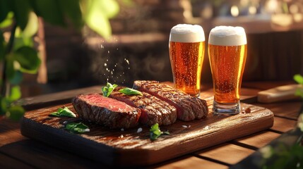 Juicy grilled cap rump steak slices served alongside two frosty glasses of beer on a rustic wooden cutting board perfect for casual dining