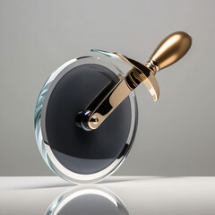 Glass sculpture of a pizza cutter with silver-to-gray gradient wheel and gold handle on light gray background, generative ai