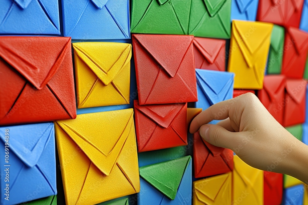 Poster colorful envelopes arranged on wall grid with hand inserting one symbolizing organized communication