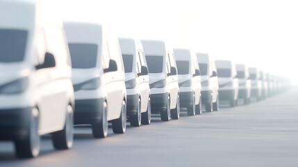 Fleet of white generic and unbranded vans on a white background