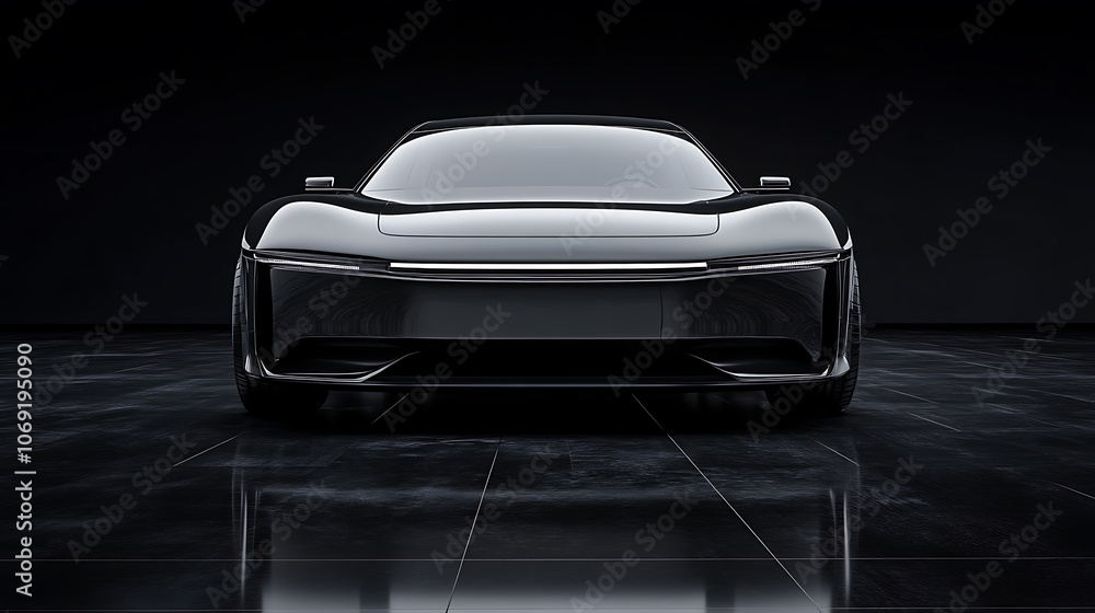 Poster Front view of a generic and brandless modern car on a dark background