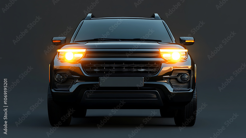 Poster front view with headlights of a generic and unbranded car, 3d illustration