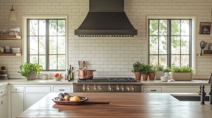 Modern Kitchen with White Tile, Stainless Steel Stove, and Wood Countertop