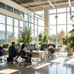 An open office space with expansive windows allowing natural light to flood the area. Employees are working in a bright and creative environment, highlighting a dynamic and inspiring workplace.