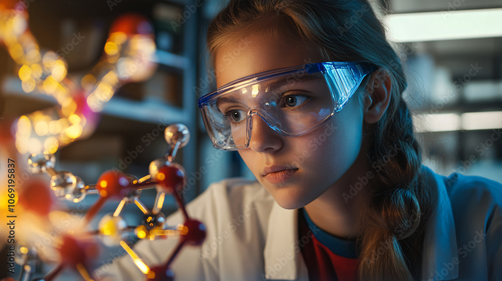 Leinwandbilder young scientist in a lab coat studies a molecular structure, showcasing intelligence and determinati