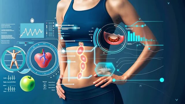 Futuristic health interface displaying anatomical visuals and fitness data on a woman, emphasizing advanced body analysis. 4K video