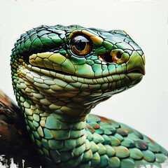 Vibrant green snake coiled gracefully on a branch in a tropical rainforest during daylight