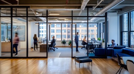 An open-plan office featuring glass partitions, fostering collaboration among employees. The contemporary design elements create a modern and dynamic work environment.