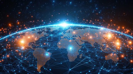 Fototapeta premium A digital representation of the world with interconnected nodes and glowing networks illustrating global connectivity.
