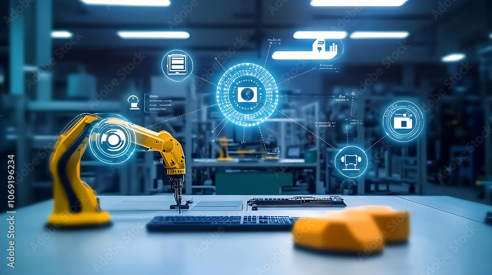 Aufkleber Industry 4,0 smart factory interior showcases IIoT machines, efficient workstations, and automated production lines, optimizing the manufacturing process for improved performance