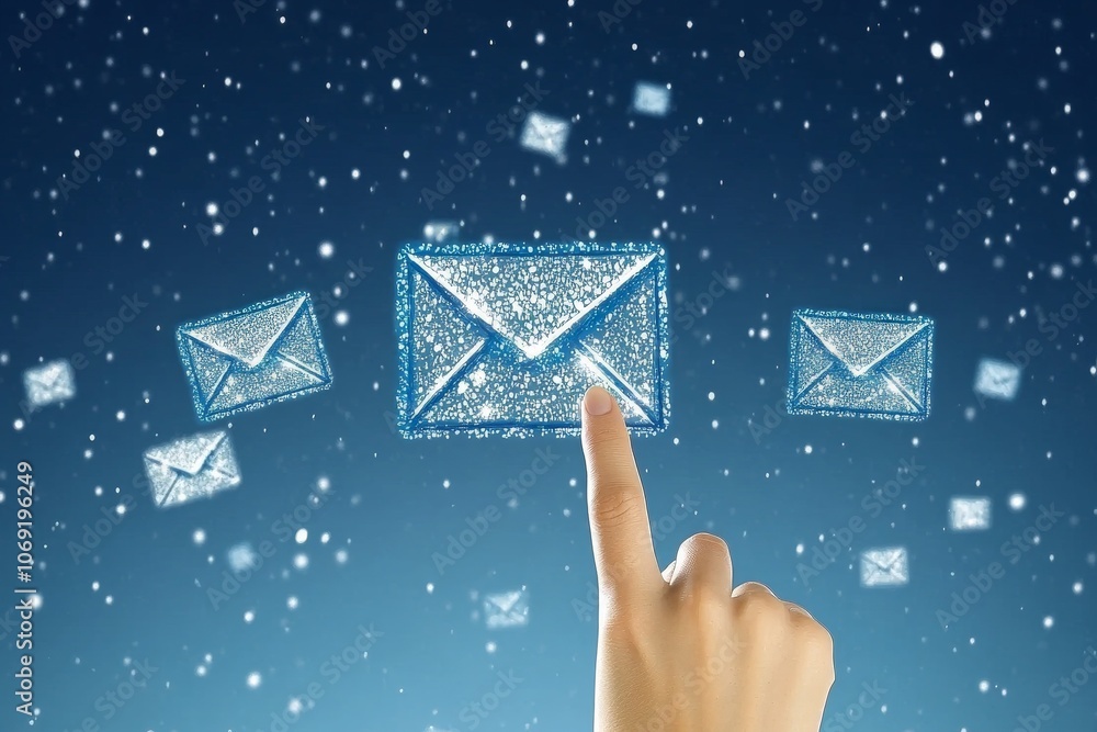 Poster finger pointing at sparkling blue envelope in starry background symbolizing magical messaging email 