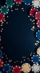 Black background with poker chips and space for text in the middle, gambling, social media, stories, advertising