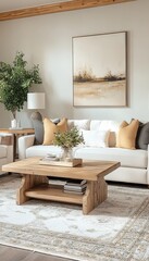 Fototapeta premium Cozy Living Room Interior with Neutral Sofa, Rustic Coffee Table, and Serene Landscape Artwork.