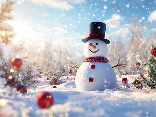 Obraz premium A Cheerful Snowman in a Snowy Winter Wonderland