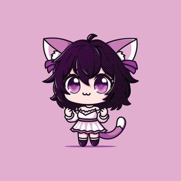 A Cute Girl with Cat Ear and Tail Cartoon Vector Illustration Icon Concept Isolated Premium Vector. Flat Cartoon Style pink and white dress