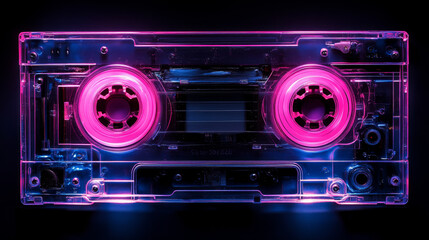 Fototapeta na wymiar Retro neon cassette tape in vibrant pink and blue light.