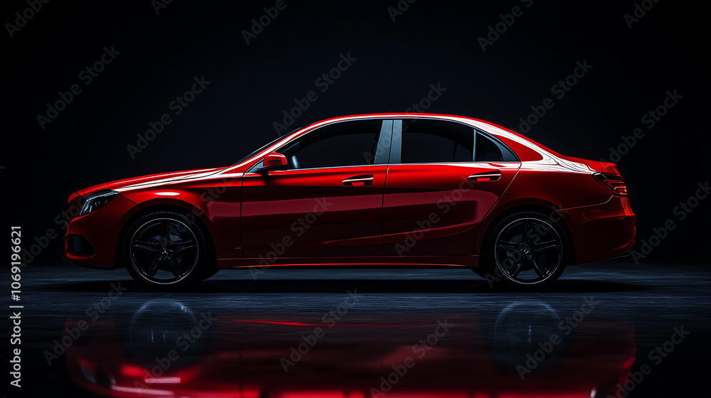 Poster lateral view of a generic and brandless red car in the dark
