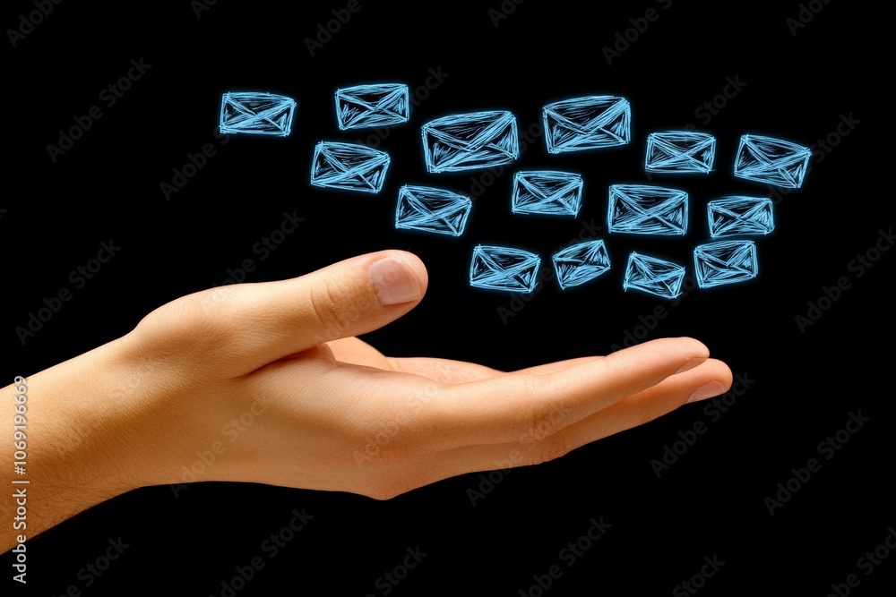 Poster hand holding group of blue envelopes against black background symbolizing virtual messaging email ne