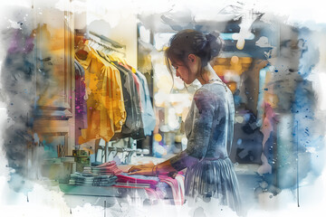Watercolor painting of a female tailor working in a tailor shop.