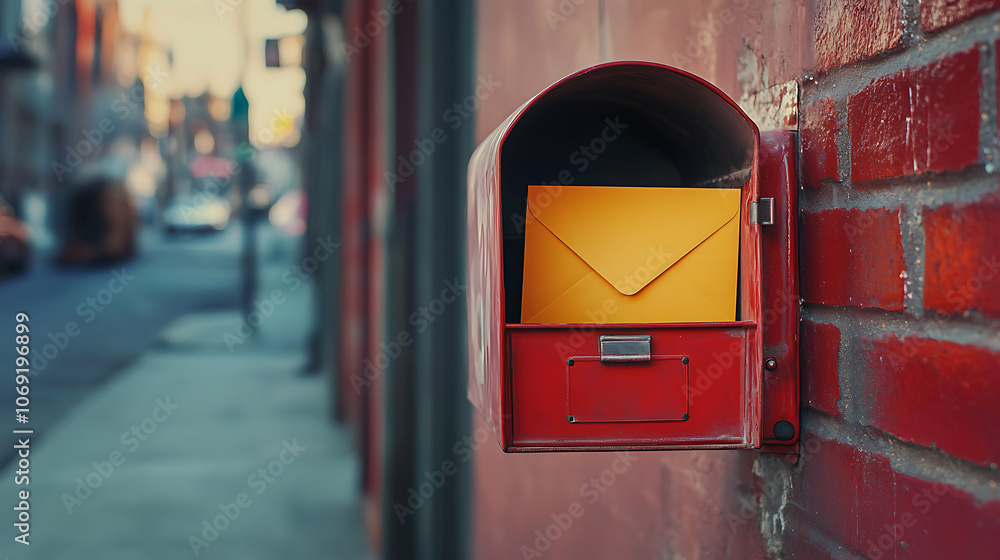 Poster mailbox, open red mailbox with yellow envelope