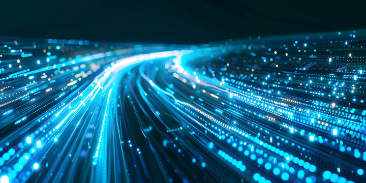 Digital data stream on the road, futuristic technology background with blue and white lights, binary code