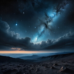 Naklejka premium The sky peels away revealing a dark infinite cosmos beyond.Stars and galaxies shimmer faintly, casting an eerie glow over Earth’s surreal horizon.