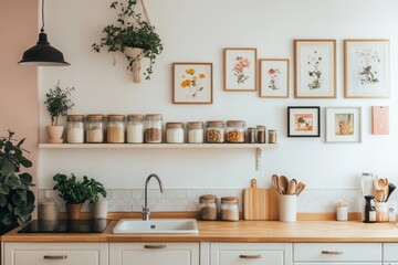 Modern Kitchen Interior with White Cabinets and Wooden Countertop