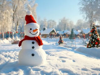 Obraz premium A Snowman Dressed in Red Stands in a Winter Wonderland