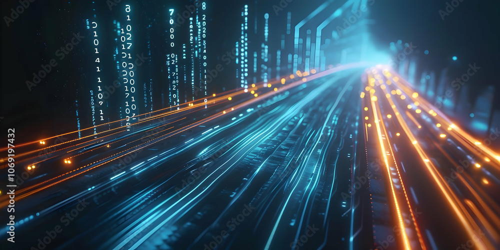 Poster digital data stream on the road, futuristic technology background with blue and white lights, binary
