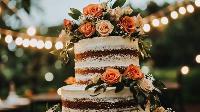 A rustic wedding cake adorned with orange and white roses sits beneath string lights at an outdoor reception