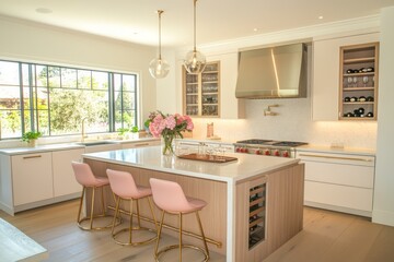 Modern Kitchen Island with Pink Stools and Wine Storage