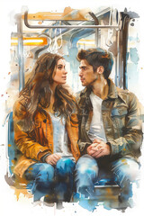 Obraz premium Watercolor painting of man and woman traveling by electric train.