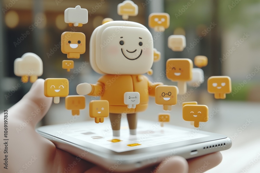Poster cute character on smartphone surrounded by social media icons symbolizing mobile engagement interact