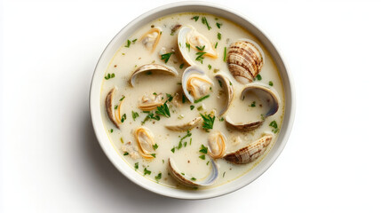 A bowl of creamy clam chowder garnished with herbs, showcasing a delicious seafood dish.