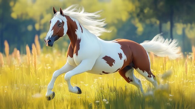 Stunning overo paint horse stallion galloping freely in a lush summer field equestrian photography