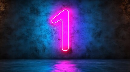 Neon Number One, 1, Pink Light On A Grunge Concrete Wall Background With Reflective Floor.
