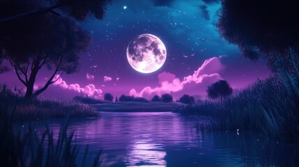 Naklejka premium Eerie night scene illuminated by a full moon casting shadows on the still water perfect for capturing the beauty of nocturnal landscapes