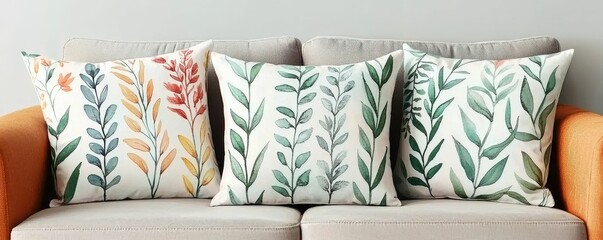 A cozy sofa adorned with vibrant, leaf-patterned pillows adds a touch of nature-inspired decor to the stylish living space.