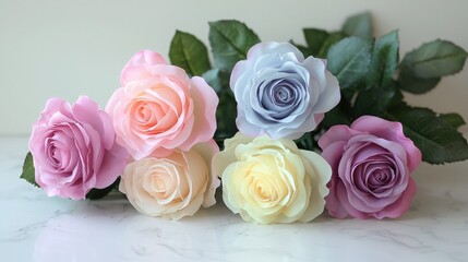 Fototapeta premium Beautifully arranged pastel roses in a gentle display on a marble surface