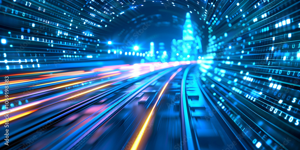 Poster a background of digital data streams with speed lines, representing the high-speed nature