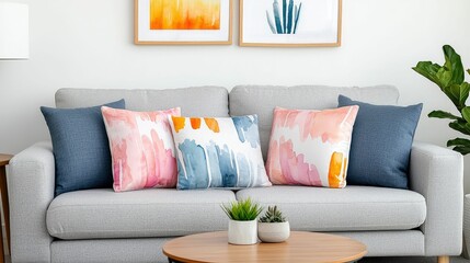 A cozy living room featuring a textured gray sofa, colorful pillows, a wooden coffee table, and vibrant wall art.