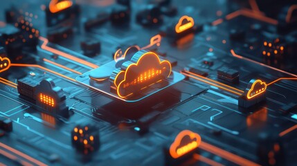 A digital representation of cloud computing with glowing cloud icons and circuit patterns.