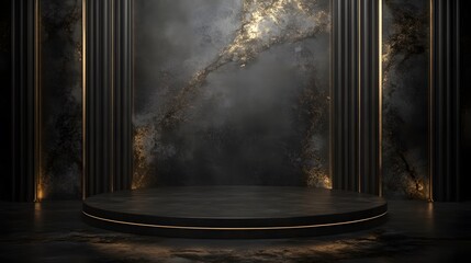 3D podium with a gold and black background, featuring a dark platform with luxurious golden highlights