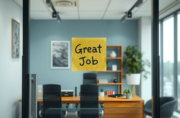 Great Job text written on yellow sticky note and pinned to the office glass door