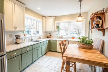 Modern Kitchen with Green Cabinets and Natural Wood Table