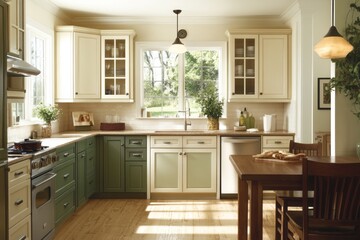 A well-lit kitchen with green cabinets, white cabinets, a window, and a wooden table