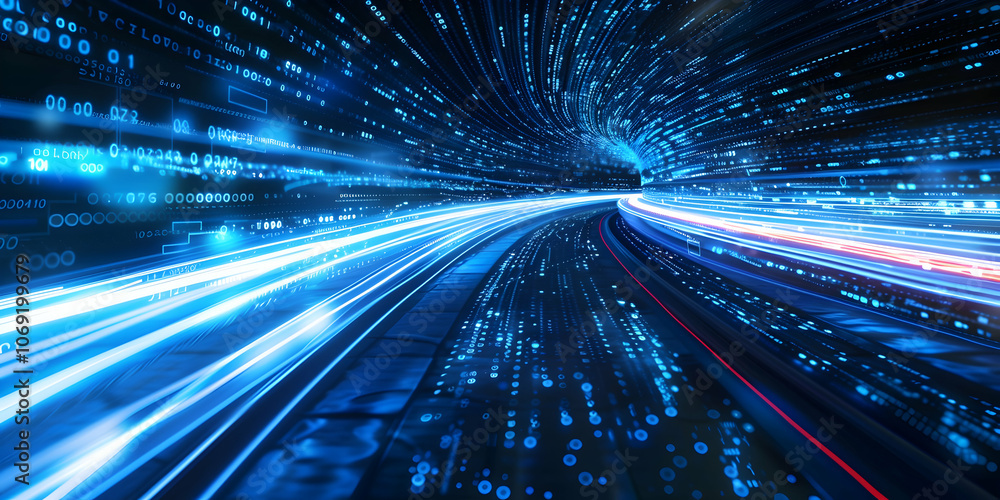 Poster a background of digital data streams with speed lines, representing the high-speed nature