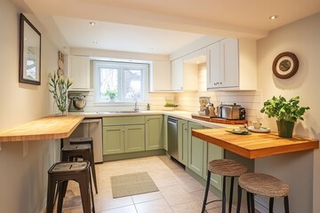 Modern Kitchen with Green Cabinets, Wood Countertop, and Bar Stools